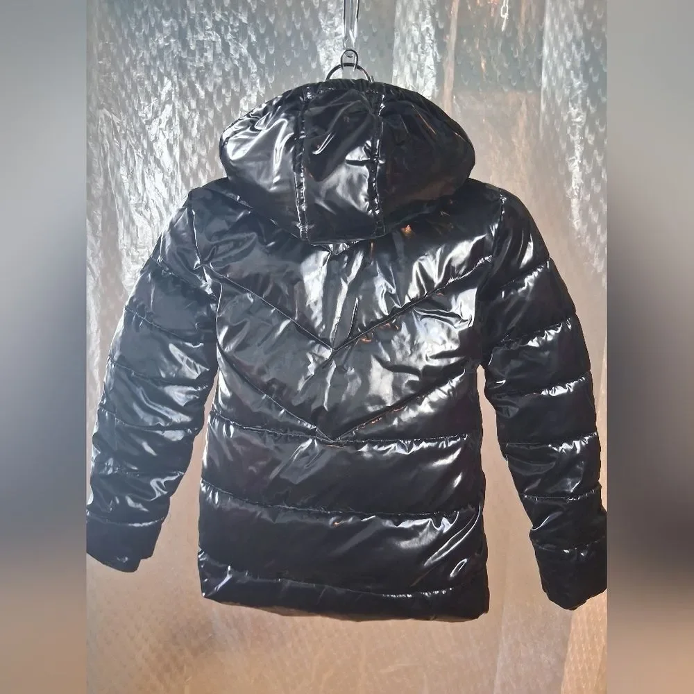 Justice Shiny Black Puffer Jacket with High Collar Sz M-10 Preowned